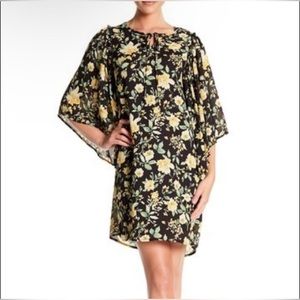 Bobeau Bell Sleeve Floral Print Black Ruffle Dress